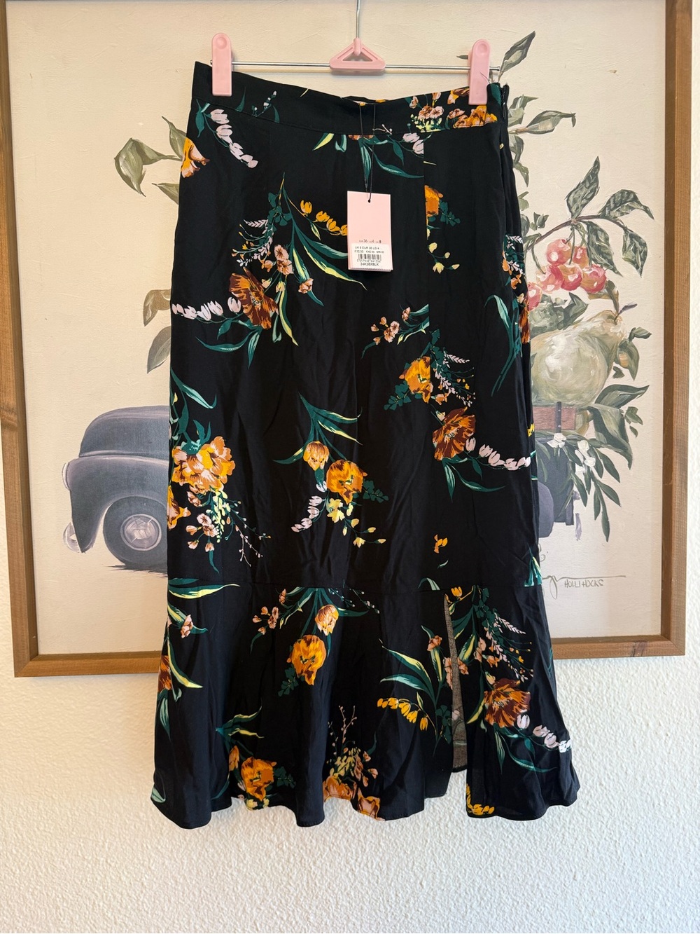 Miss Selfridge Black Midi Skirt with Yellow & Green Floral Print NWT - S